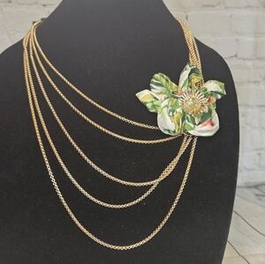 New York & Company Gold Layered Necklace with Green Floral Accent
